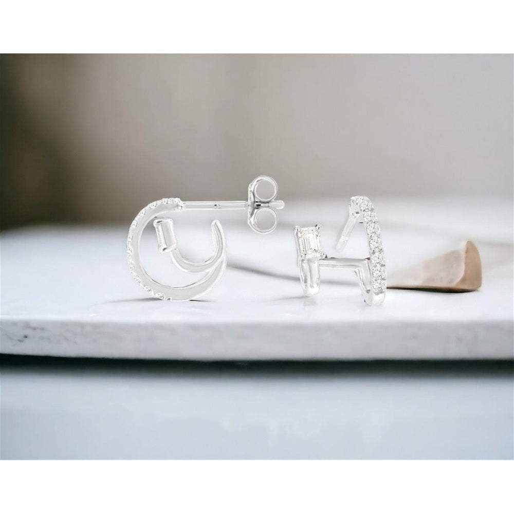 14K White Gold Open Cuff Earrings with Baguette and Round Diamonds - 0.37 Carat Total Diamond Weight - Royal Jewelry