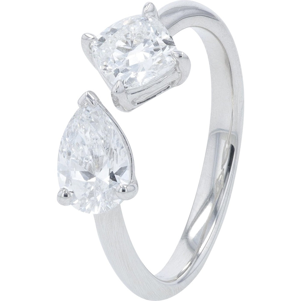 14K White Gold Open Cuff Ring with Cushion and Pear Lab Grown Diamonds - 1.50 Carat Total Diamond Weight