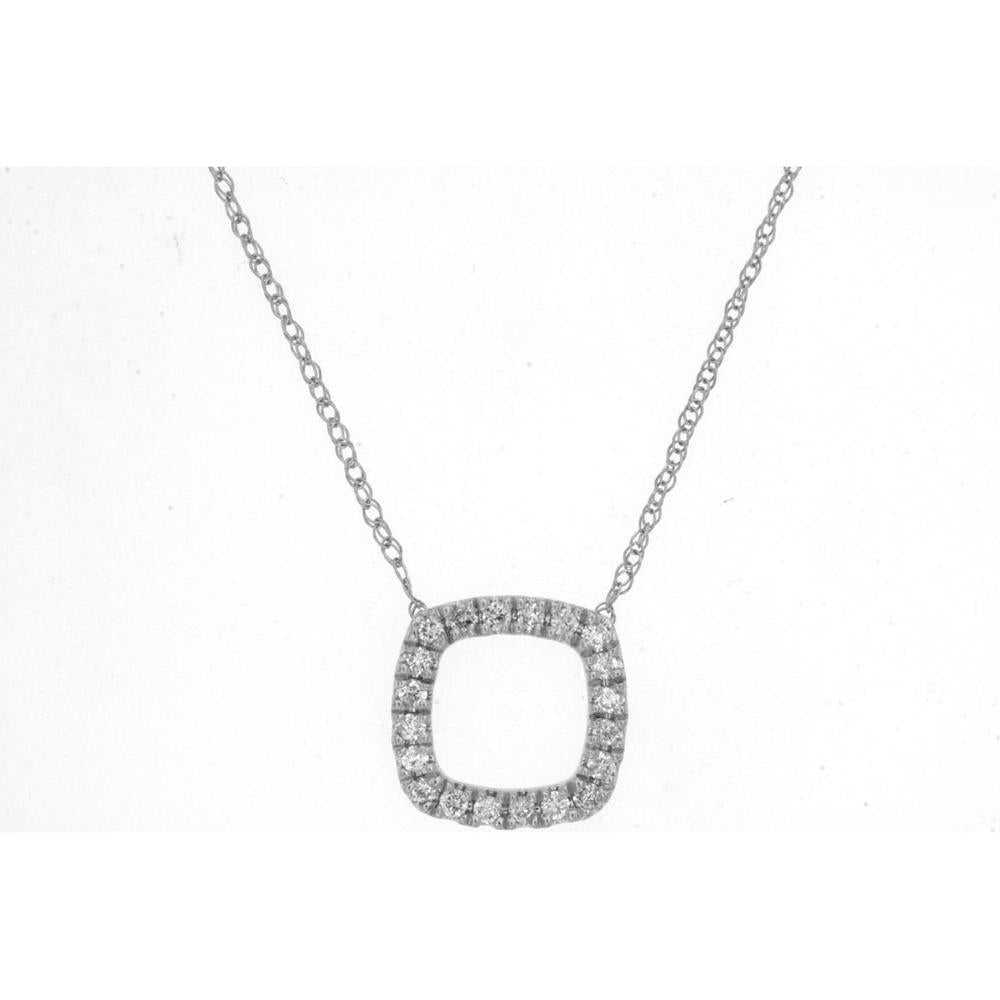 14K White Gold Open Cushion Pendant Necklace with Round Brilliant Diamonds - 0.15 Carat Total Diamond Weight - Royal Jewelry