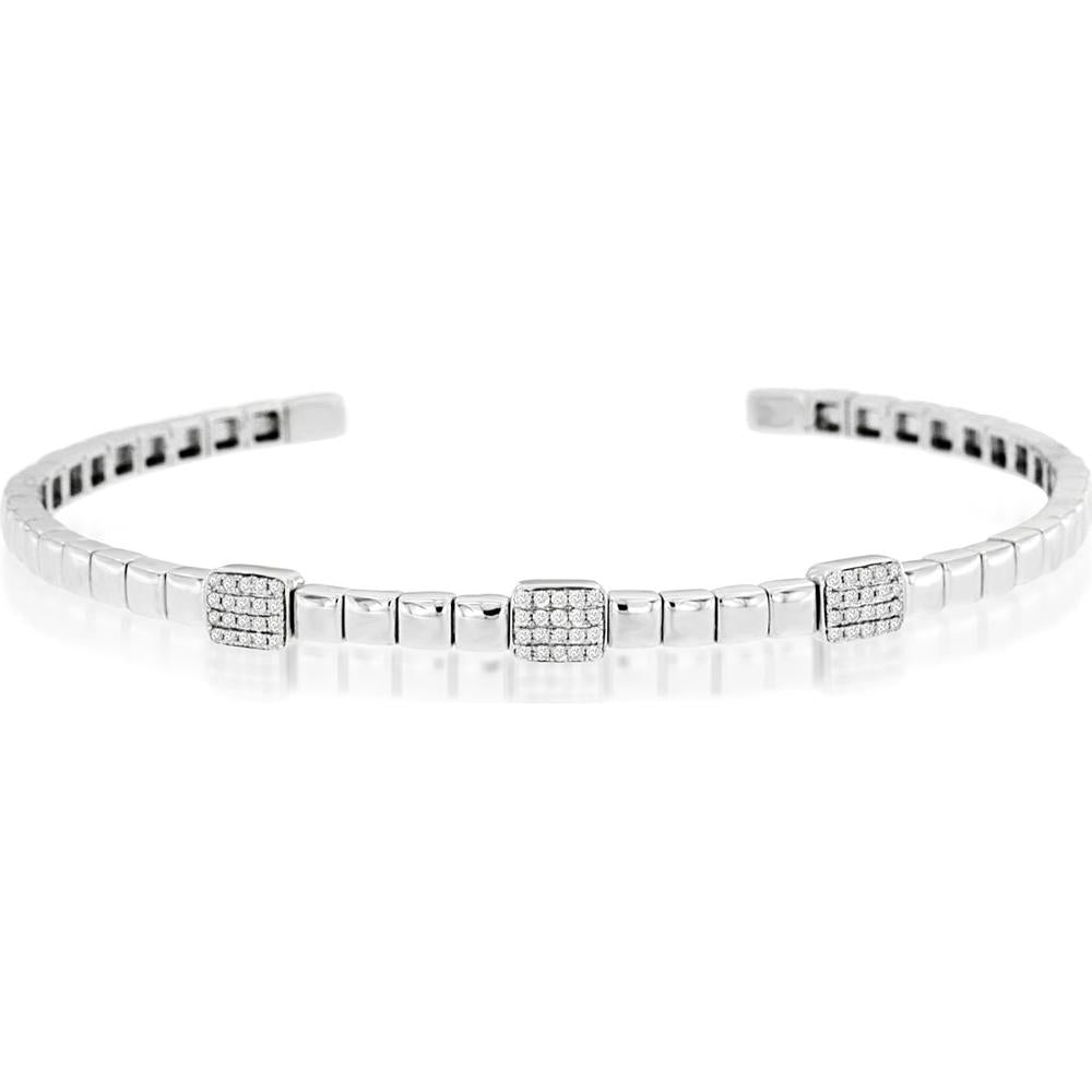 14K White Gold Open Diamond Bangle Bracelet with Geometric Square Diamond Stations - 0.17 Carat Total Diamond Weight - Royal Jewelry