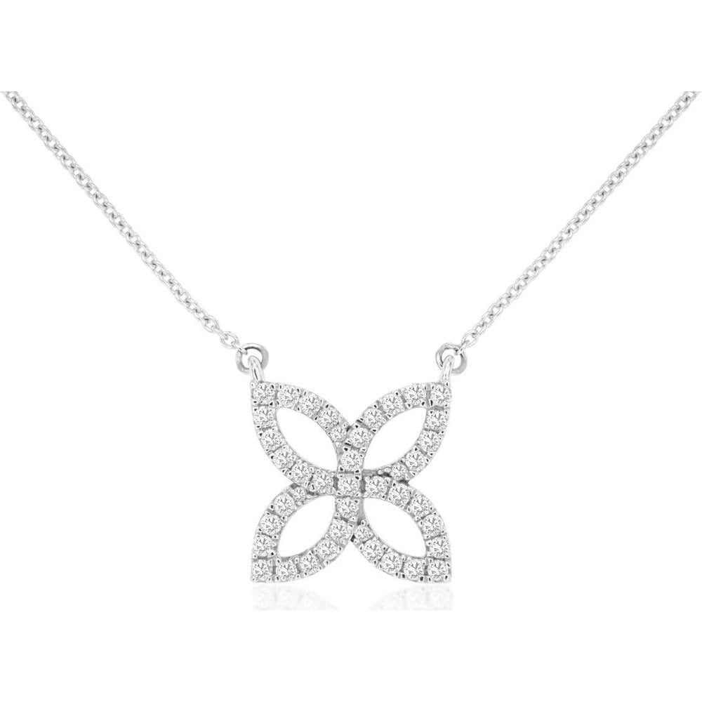 14K White Gold Open Floral Pendant Necklace with Micro-Prong Set Round Brilliant Diamonds - 0.23 Carat Total Diamond Weight - Royal Jewelry