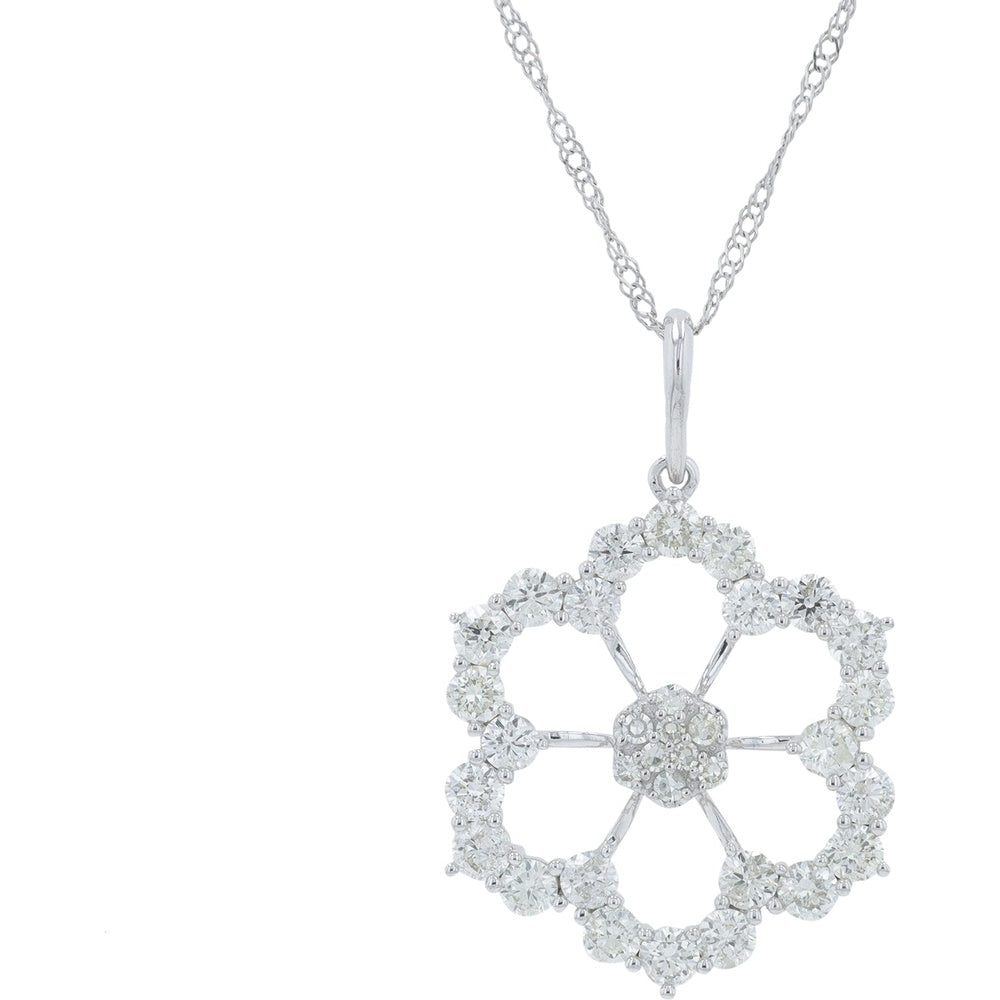 14K White Gold Open Flower Pendant with Prong-Set Round Diamonds - 1.05 Carat Total Diamond Weight