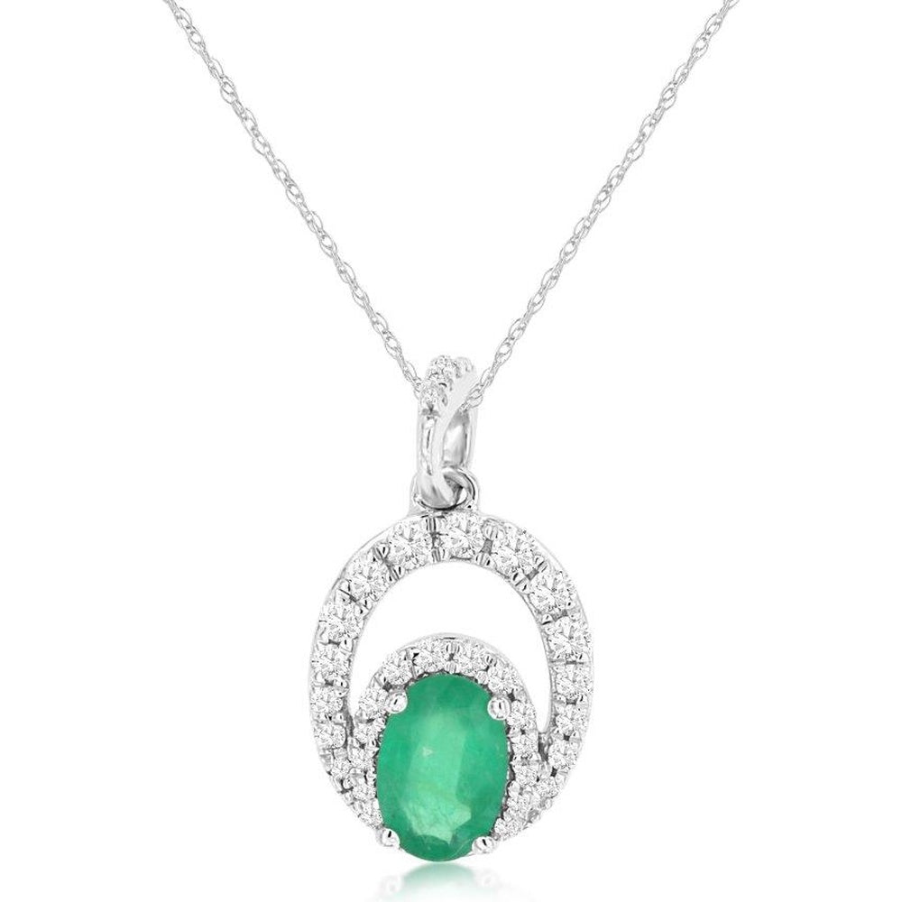 14K White Gold Open Halo Pendant with Oval-Cut Emerald and Pavé-Set Round Diamonds - 0.50 Carat Emerald and 0.20 Carat Total Diamond Weight - Royal Jewelry