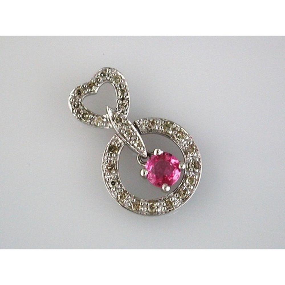 14K White Gold Open Heart Circle Pendant with Round Pink Sapphire and Round Diamonds - 0.28 Carat Pink Sapphire & 0.18 Carat Diamond Weight - Royal Jewelry