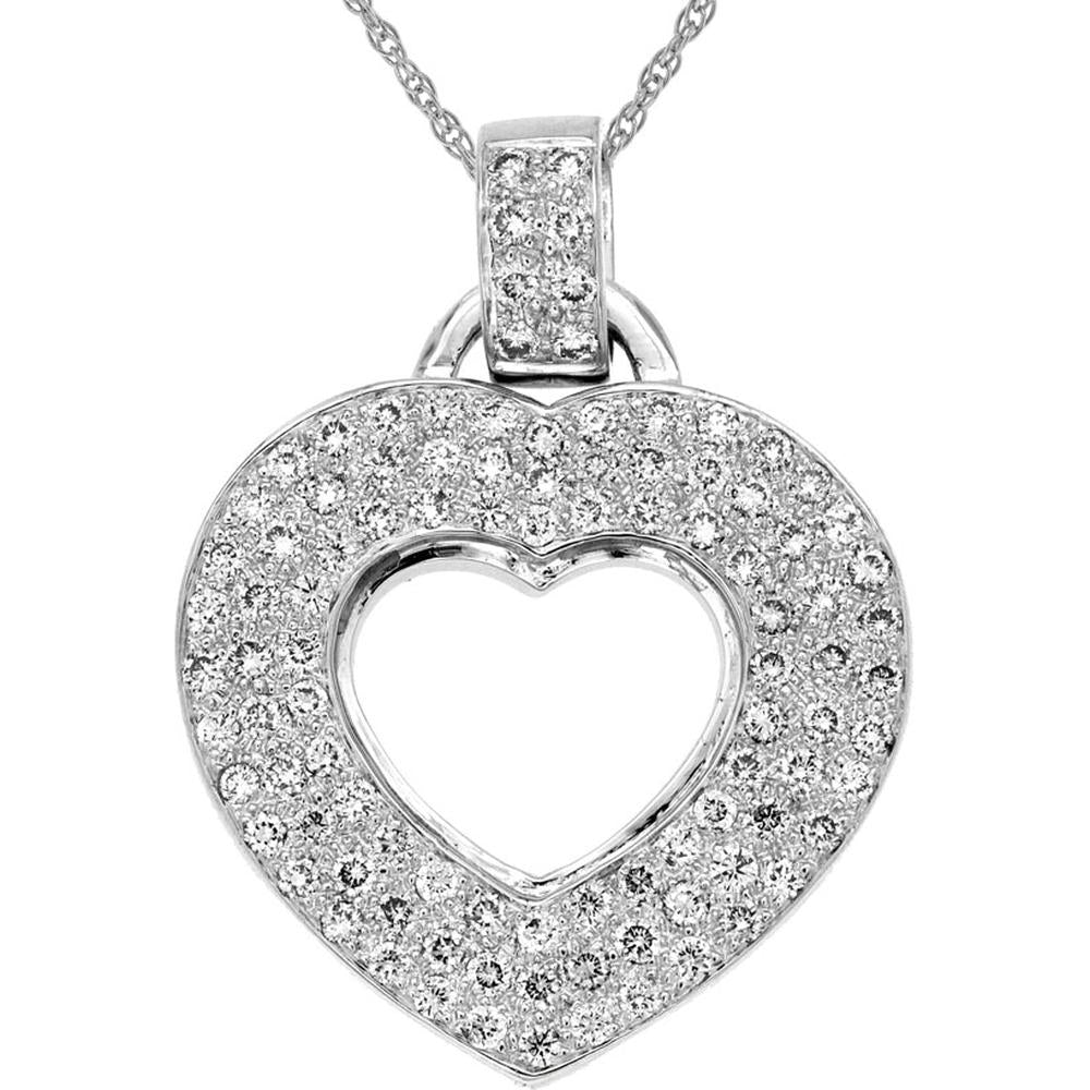 14K White Gold Open Heart Diamond Pendant Necklace with Round Diamonds - 1.20 Carat Total Diamond Weight - Royal Jewelry