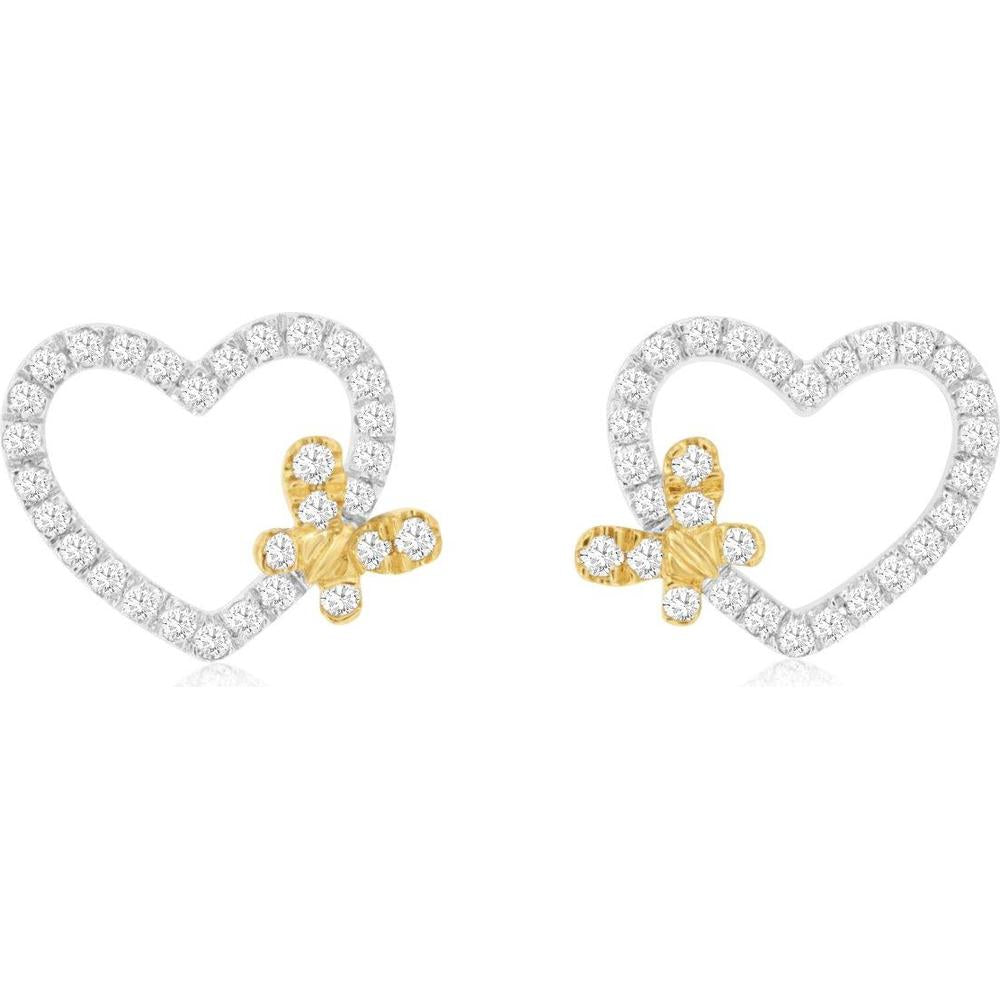 14K White Gold Open Heart Earrings with Round Diamond Accents and Yellow Gold Detail - 0.25 Carat Total Diamond Weight - Royal Jewelry