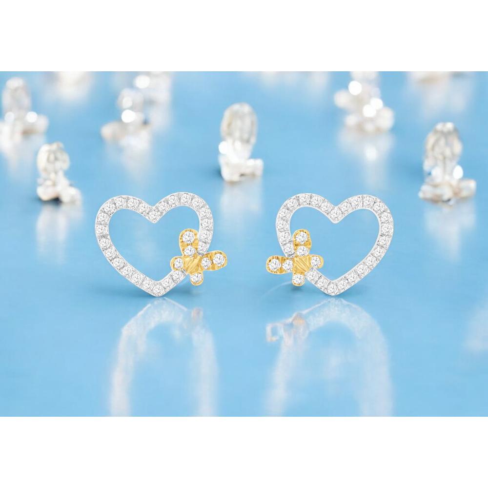 14K White Gold Open Heart Earrings with Round Diamond Accents and Yellow Gold Detail - 0.25 Carat Total Diamond Weight - Royal Jewelry