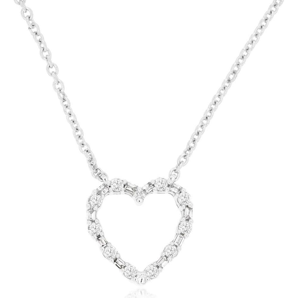 14K White Gold Open Heart Necklace with Alternating Round and Baguette Diamonds – 0.25 Carat Total Diamond Weight - Royal Jewelry