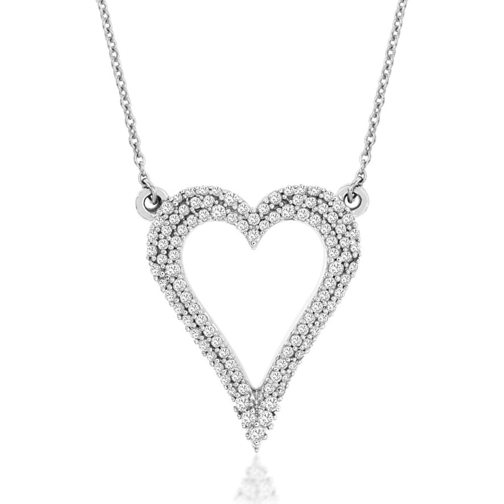 14K White Gold Open Heart Pendant Necklace with Pavé-Set Round Diamonds - 0.37 Carat Total Diamond Weight - Royal Jewelry