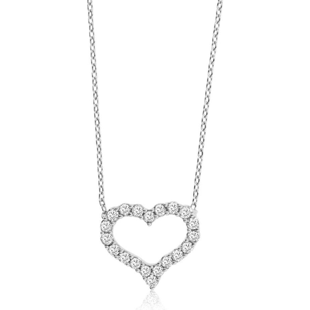 14K White Gold Open Heart Pendant Necklace with Prong-Set Round Diamonds - 0.25 Carat Total Diamond Weight - Royal Jewelry