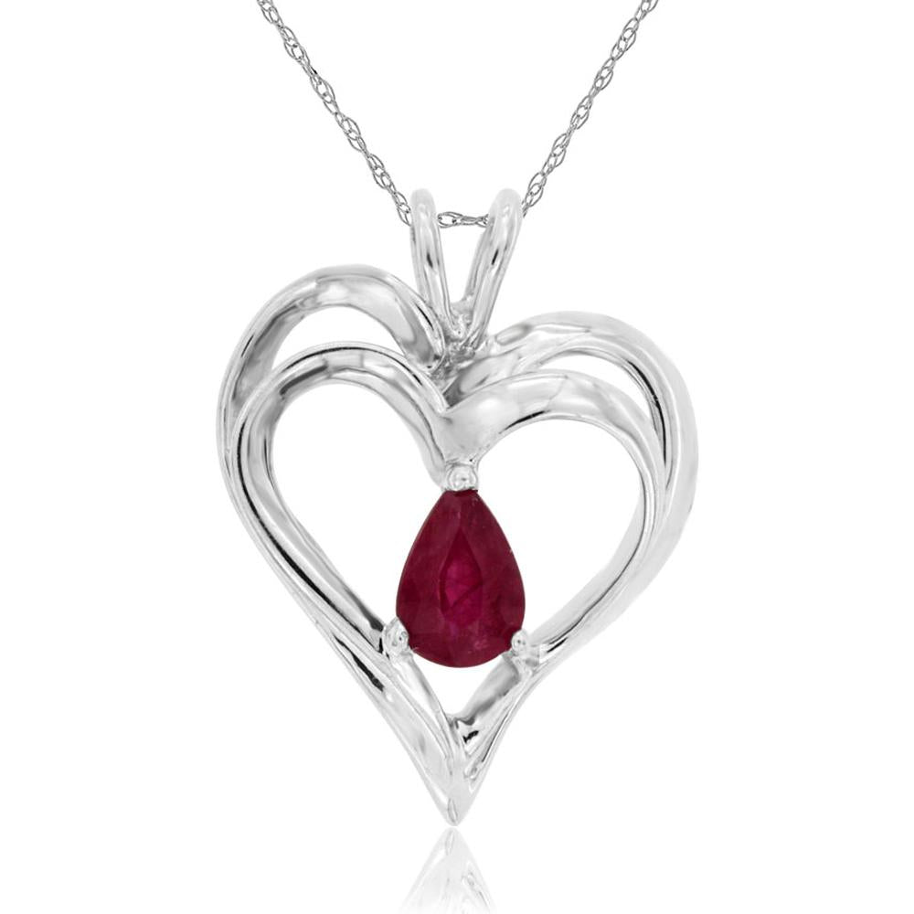 14K White Gold Open Heart Pendant with Pear Cut Ruby - 0.50 Carat Total Weight - Royal Jewelry