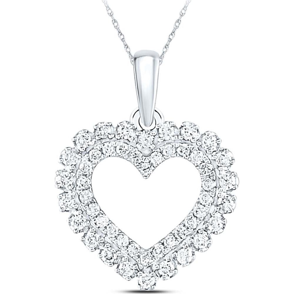 14K White Gold Open Heart Pendant with Prong-Set Round Diamonds - 0.38 Carat Total Diamond Weight