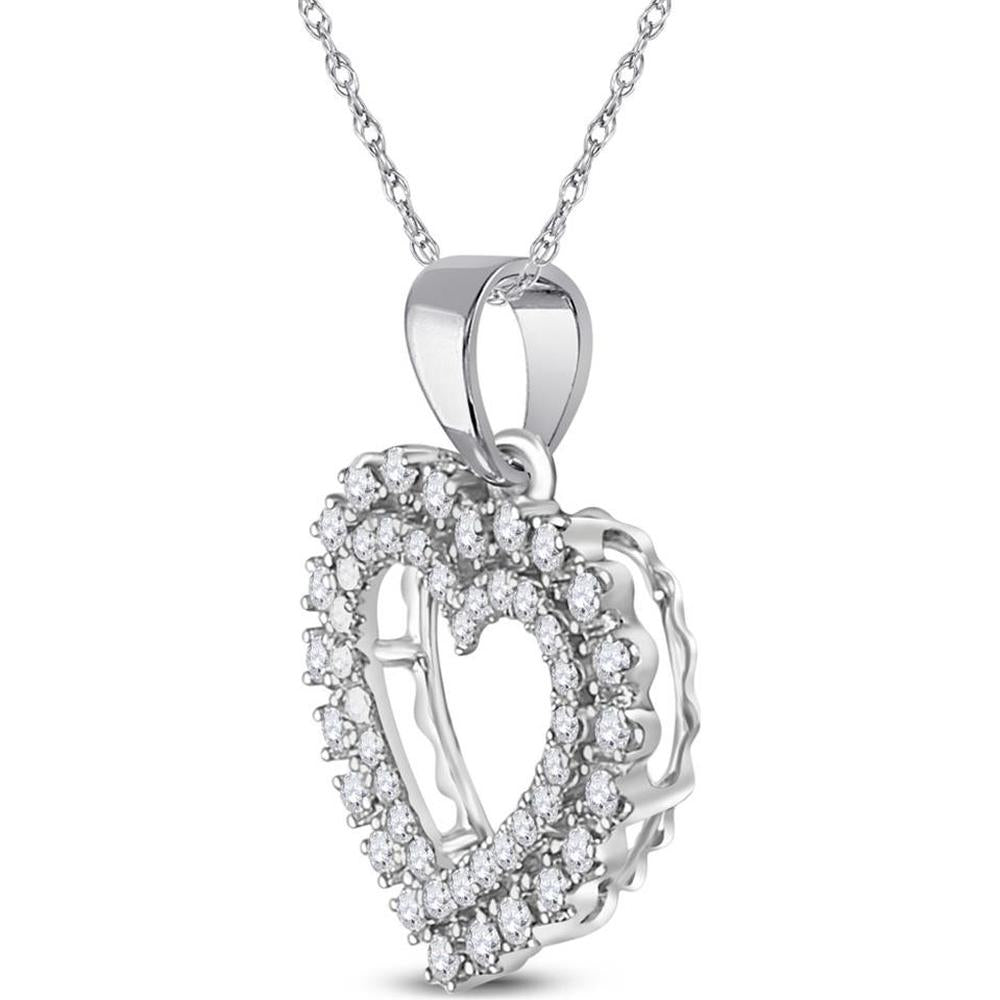14K White Gold Open Heart Pendant with Prong-Set Round Diamonds - 0.38 Carat Total Diamond Weight
