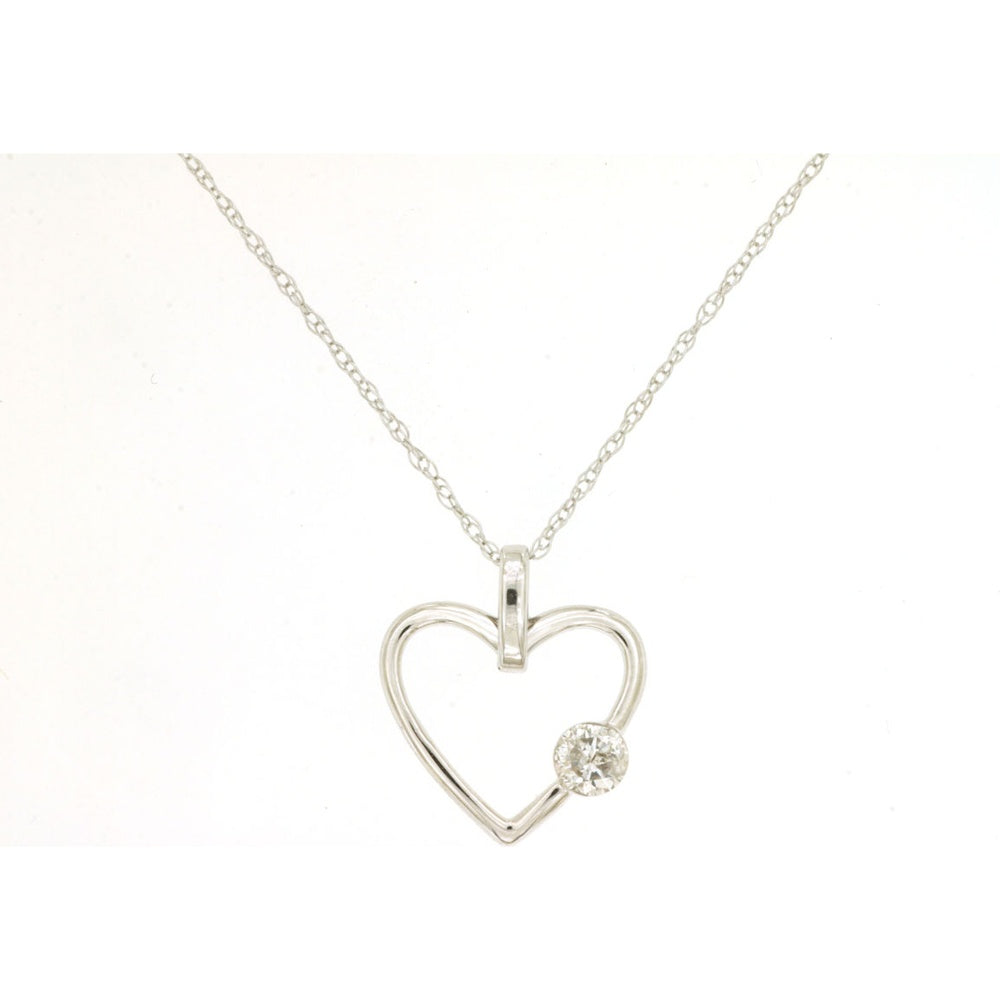 14K White Gold Open Heart Pendant with Round Brilliant Diamond - 0.10 Carat Total Diamond Weight on Delicate Cable Chain - Royal Jewelry