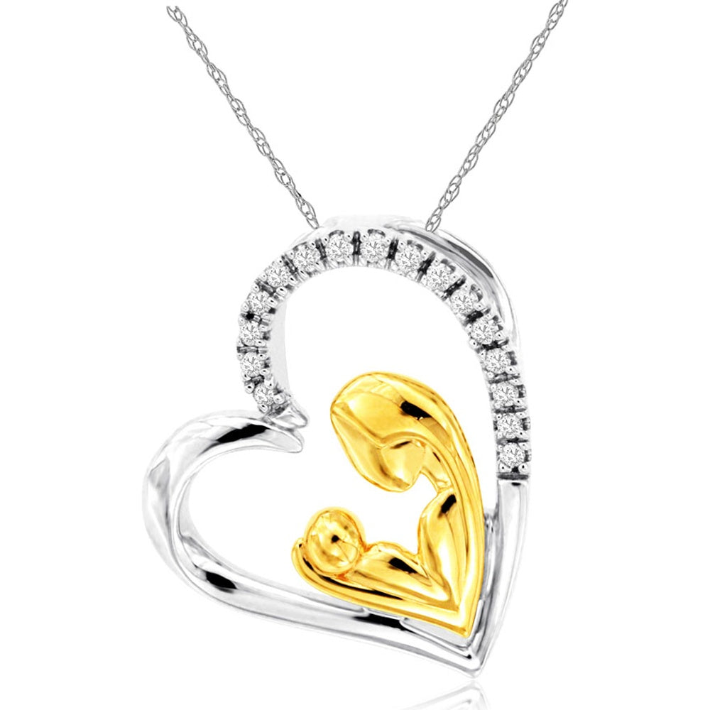 14K White Gold Open Heart Pendant with Round Diamond Accents and Yellow Gold Mother Child Figures - 0.08 Carat Total Diamond Weight - Royal Jewelry