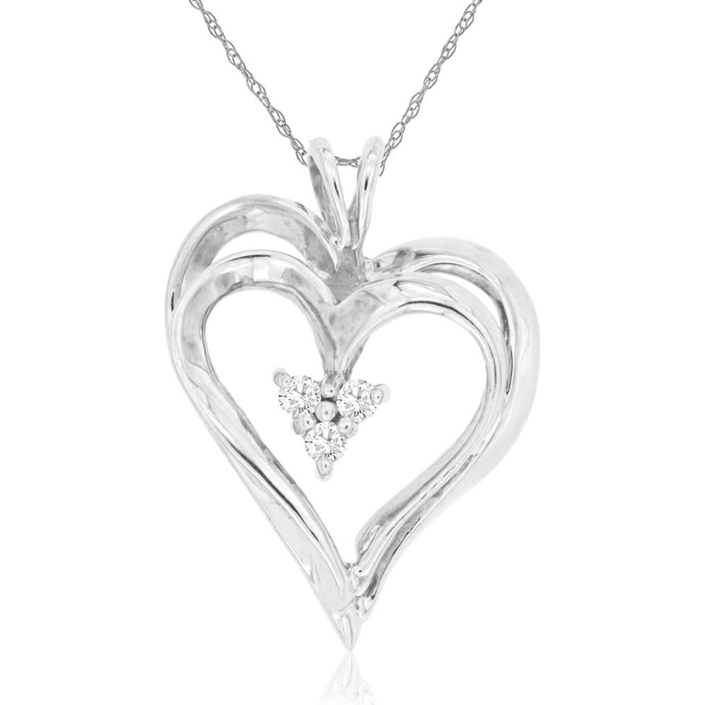 14K White Gold Open Heart Pendant with Round Diamond Cluster - 0.08 Carat Total Diamond Weight - Royal Jewelry