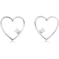 14K White Gold Open Heart Stud Earrings with Prong-Set Round Diamonds - 0.03 Carat Total Diamond Weight - Royal Jewelry