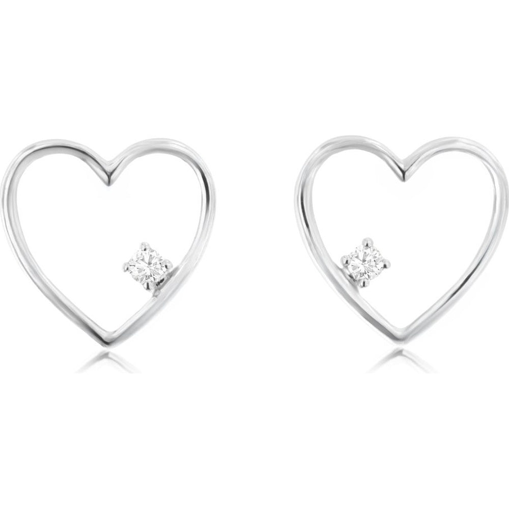 14K White Gold Open Heart Stud Earrings with Prong-Set Round Diamonds - 0.03 Carat Total Diamond Weight - Royal Jewelry