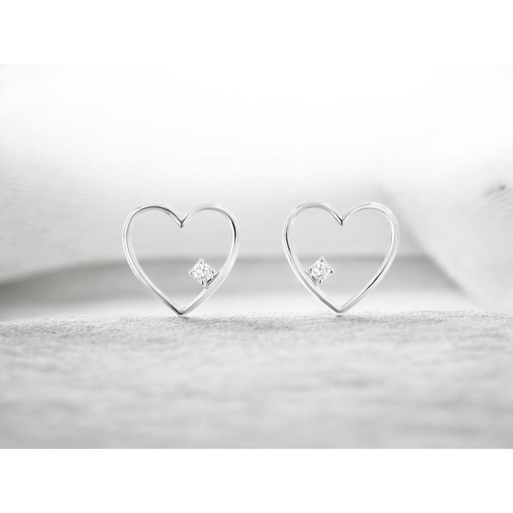 14K White Gold Open Heart Stud Earrings with Prong-Set Round Diamonds - 0.03 Carat Total Diamond Weight - Royal Jewelry