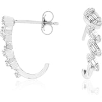 14K White Gold Open Hoop Earrings with Alternating Round and Baguette Diamonds - 0.35 Carat Total Diamond Weight - Royal Jewelry
