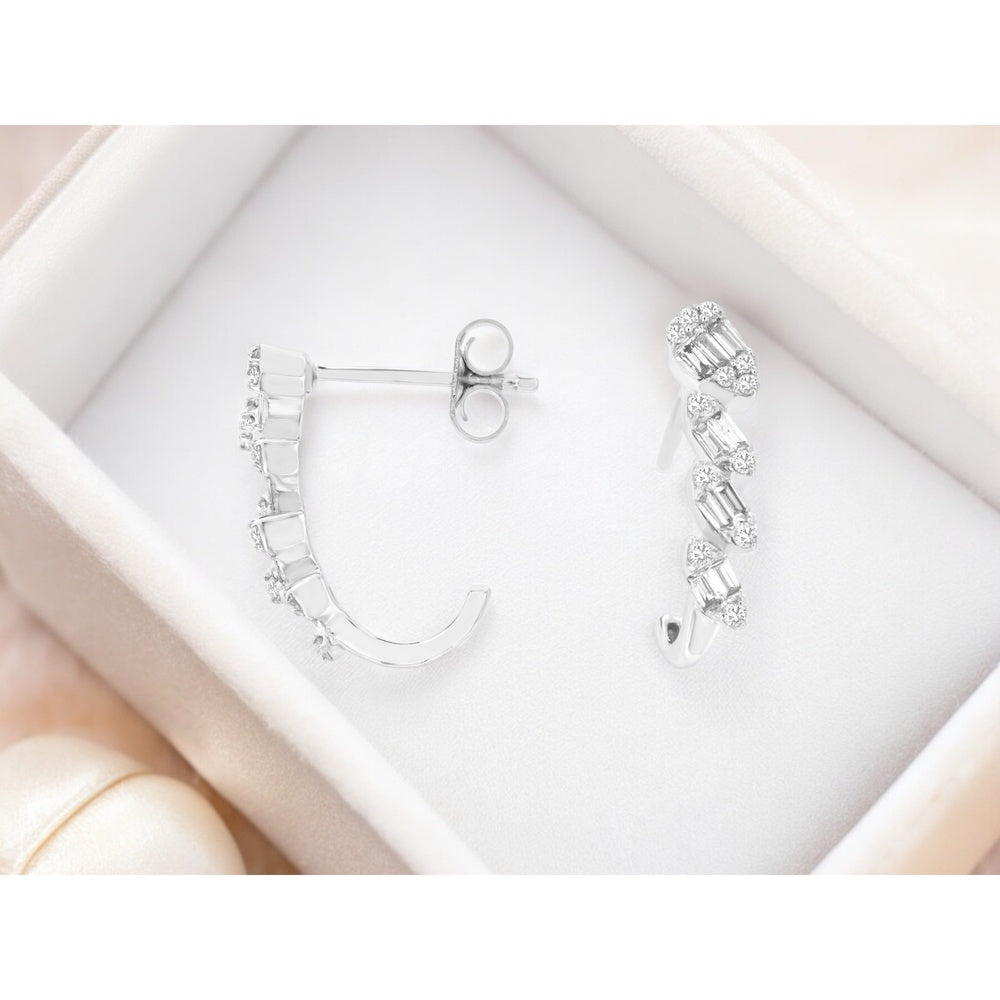 14K White Gold Open Hoop Earrings with Alternating Round and Baguette Diamonds - 0.35 Carat Total Diamond Weight - Royal Jewelry