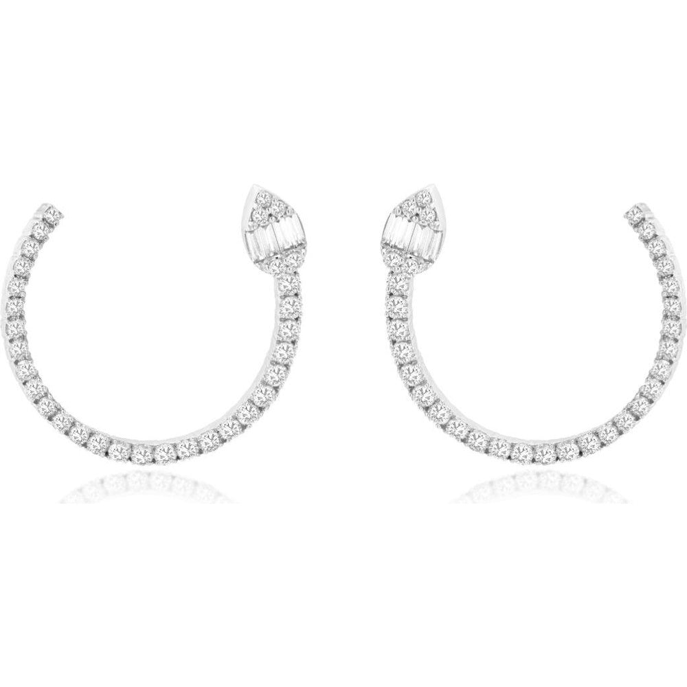 14K White Gold Open Hoop Earrings with Round and Baguette Diamond Cluster - 0.86 Carat Total Diamond Weight - Royal Jewelry