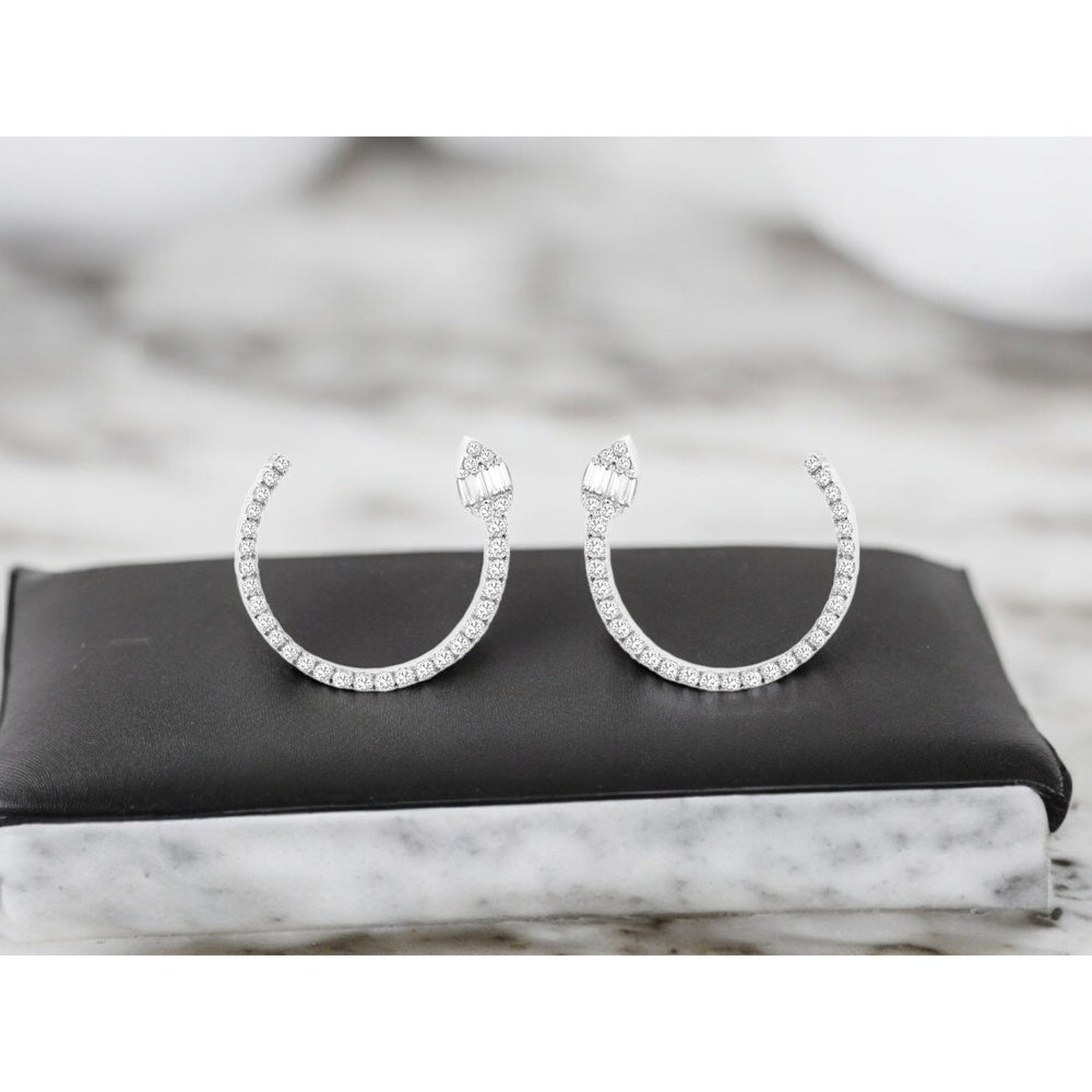 14K White Gold Open Hoop Earrings with Round and Baguette Diamond Cluster - 0.86 Carat Total Diamond Weight - Royal Jewelry