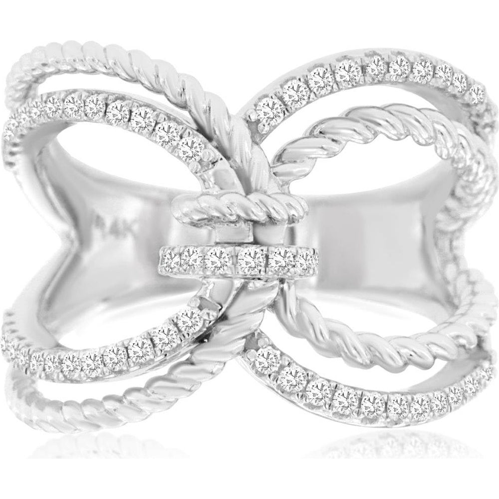 14K White Gold Open Loop Twisted Rope Ring with Pavé-Set Round Diamonds - 0.35 Carat Total Diamond Weight - Royal Jewelry