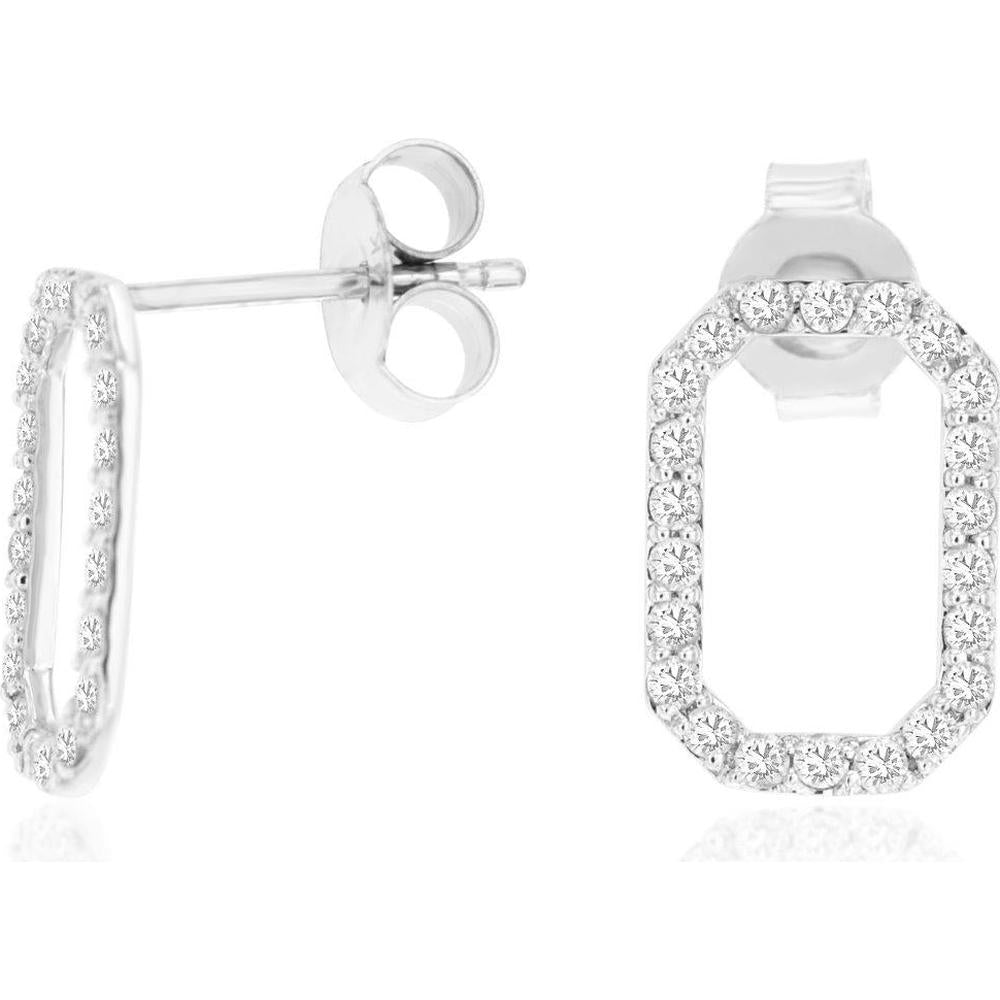 14K White Gold Open Oval Diamond Earrings with Prong Set Round Brilliant Stones - 0.42 Carat Total Diamond Weight - Royal Jewelry
