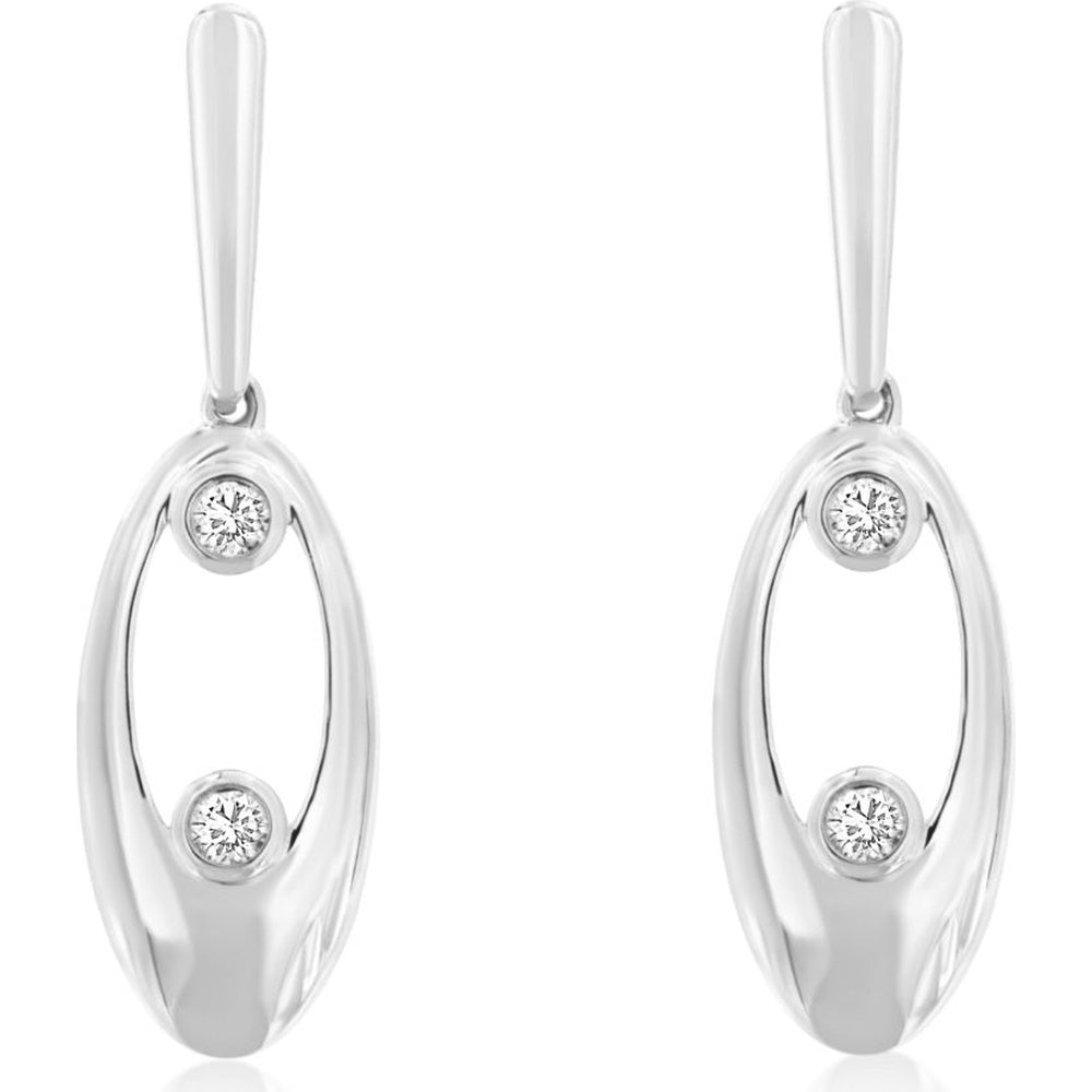 14K White Gold Open Oval Drop Earrings with Bezel Set Round Diamonds - 0.10 Carat Total Diamond Weight - Royal Jewelry