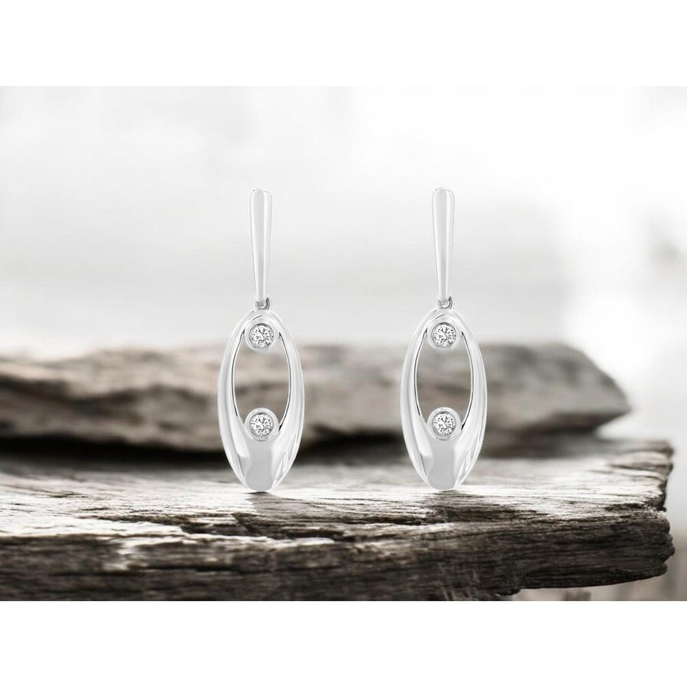 14K White Gold Open Oval Drop Earrings with Bezel Set Round Diamonds - 0.10 Carat Total Diamond Weight - Royal Jewelry