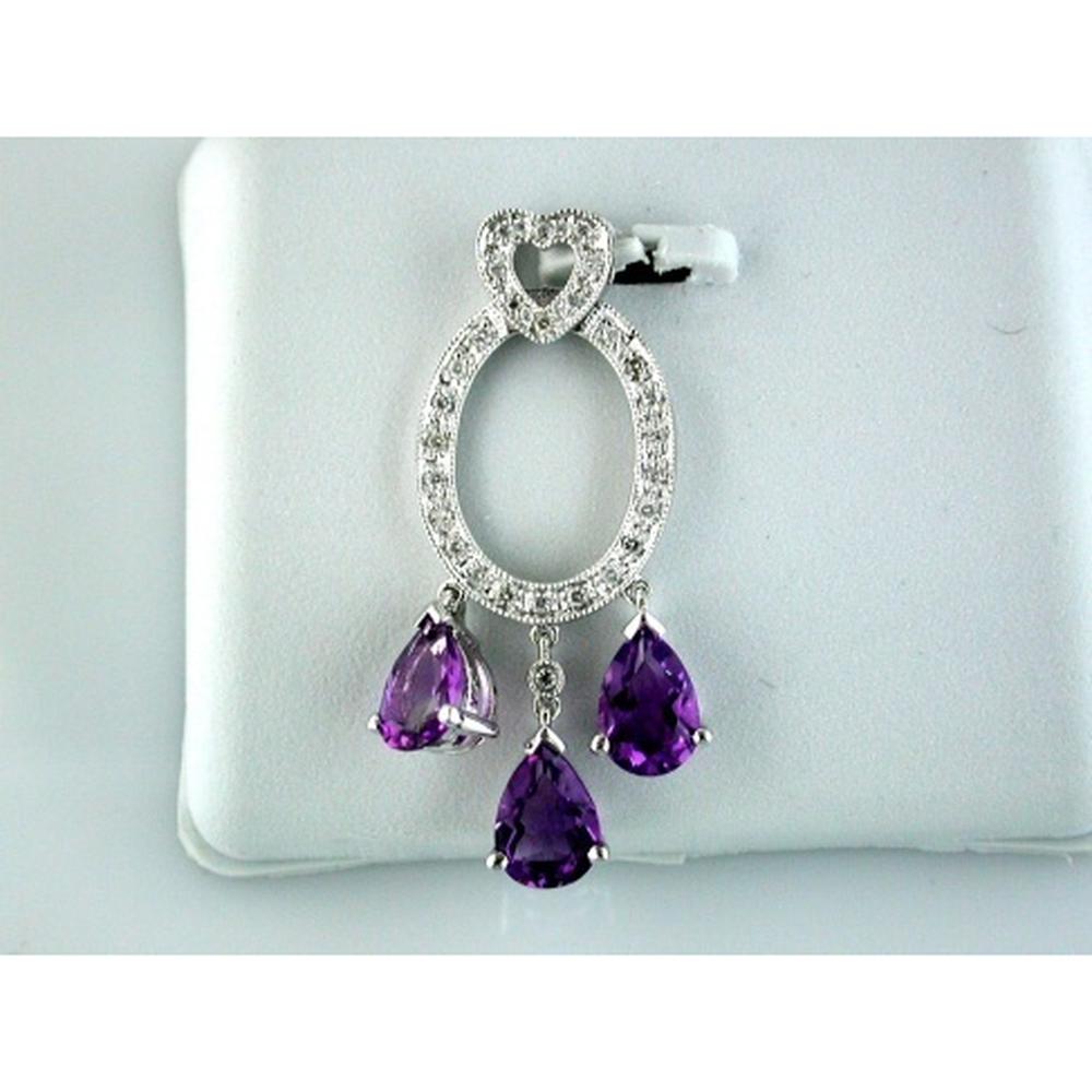 14K White Gold Open Oval Heart Pendant with Pear Shaped Amethysts and Round Diamond Accents - 1.95 Carat Amethyst, 0.12 Carat Total Diamond Weight - Royal Jewelry