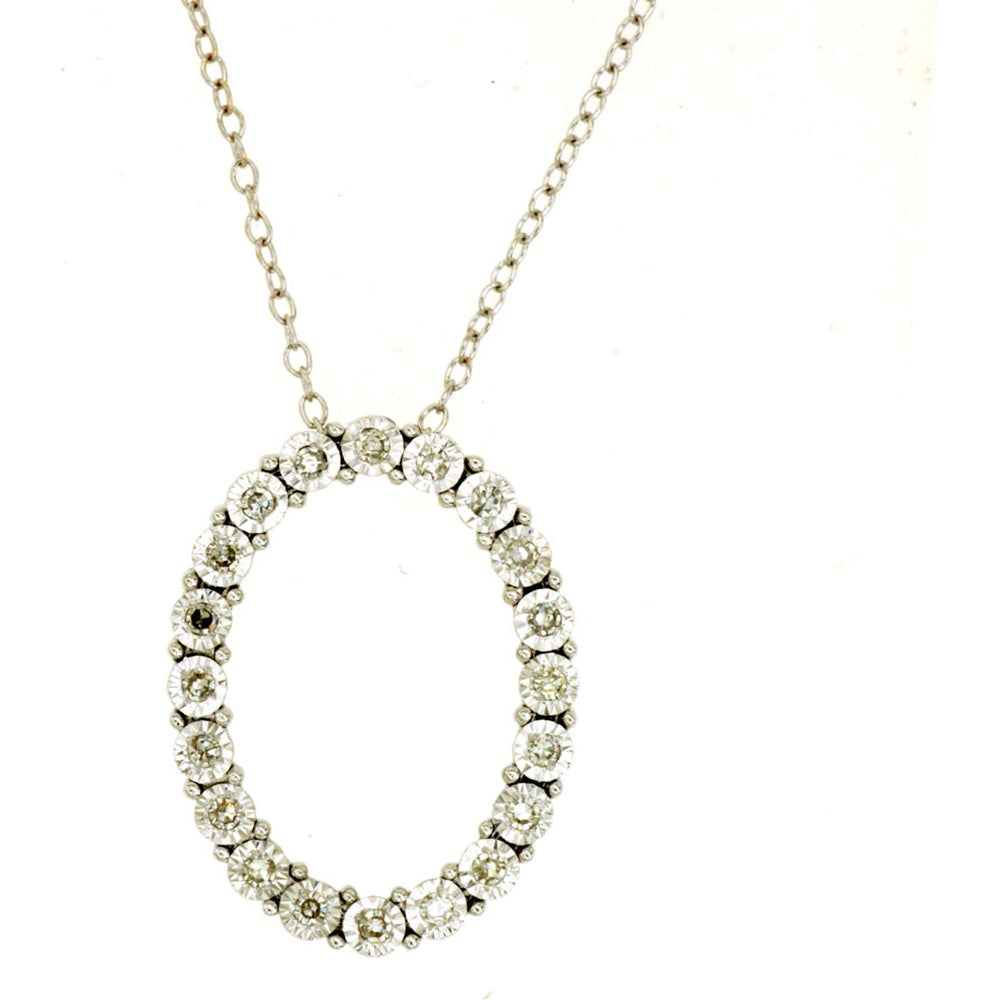 14K White Gold Open Oval Pendant Necklace with Prong-Set Round Diamonds - 0.15 Carat Total Diamond Weight - Royal Jewelry