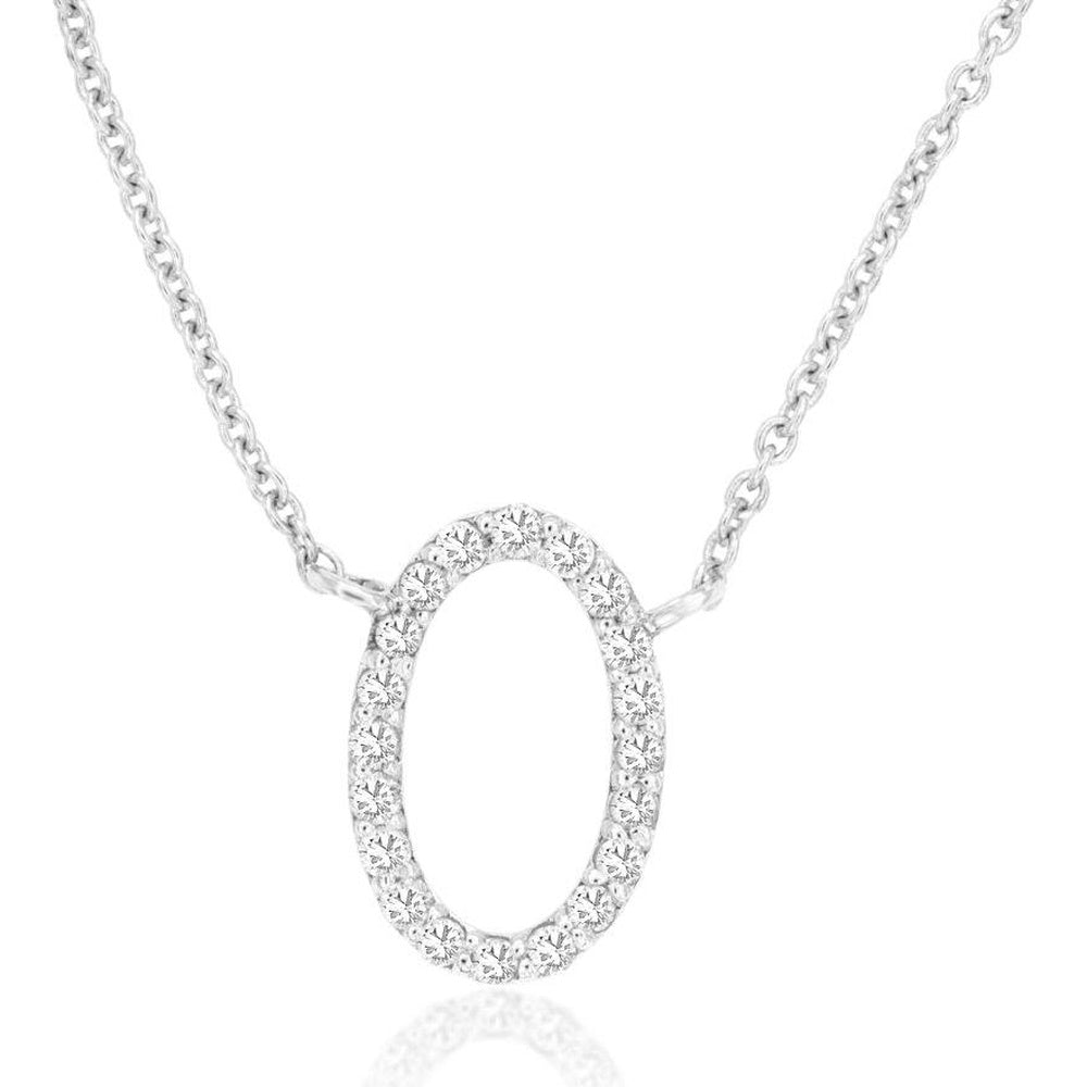 14K White Gold Open Oval Pendant Necklace with Prong-Set Round Diamonds - 0.20 Carat Total Diamond Weight - Royal Jewelry
