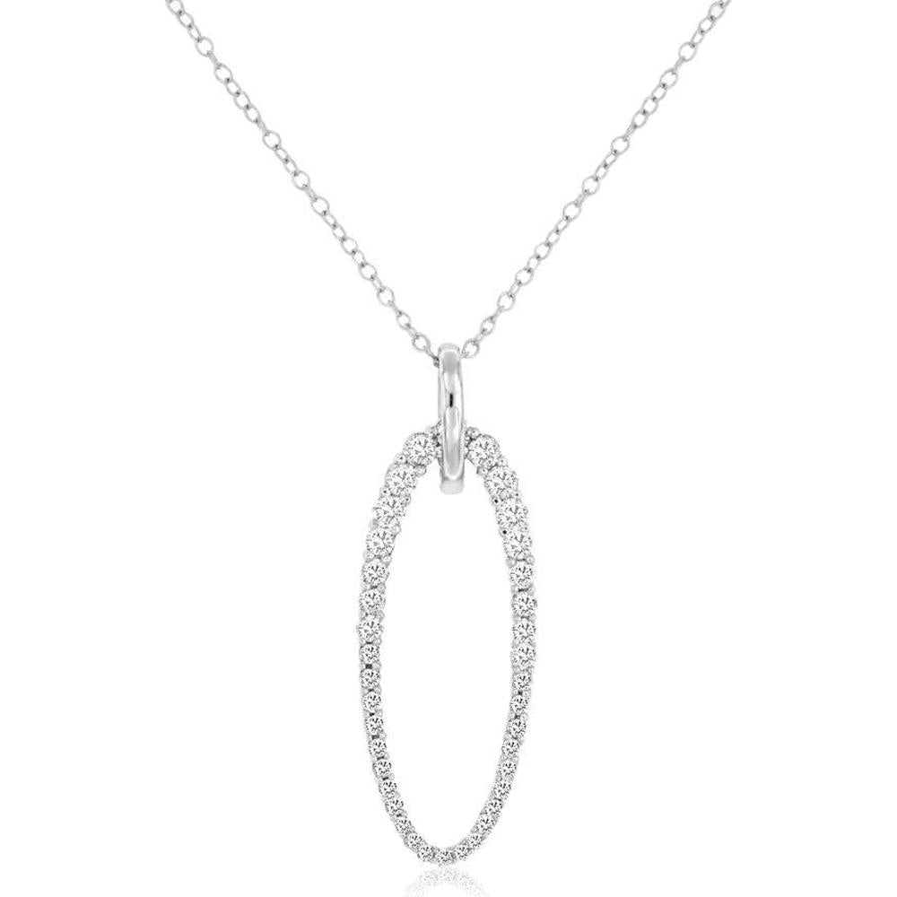 14K White Gold Open Oval Pendant Necklace with Round Diamonds - 0.50 Carat Total Diamond Weight - Royal Jewelry