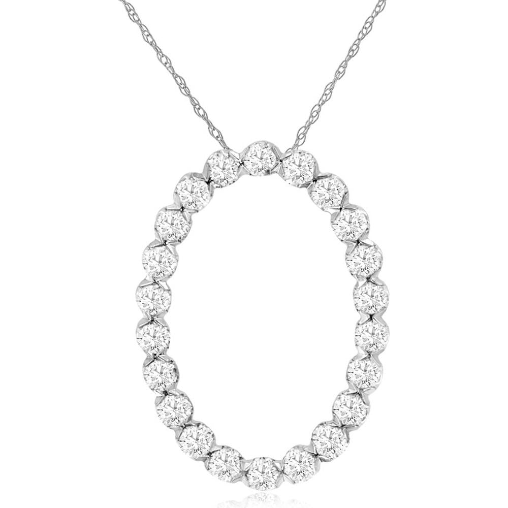 14K White Gold Open Oval Pendant Necklace with Round Diamonds - 0.51 Carat Total Diamond Weight - Royal Jewelry