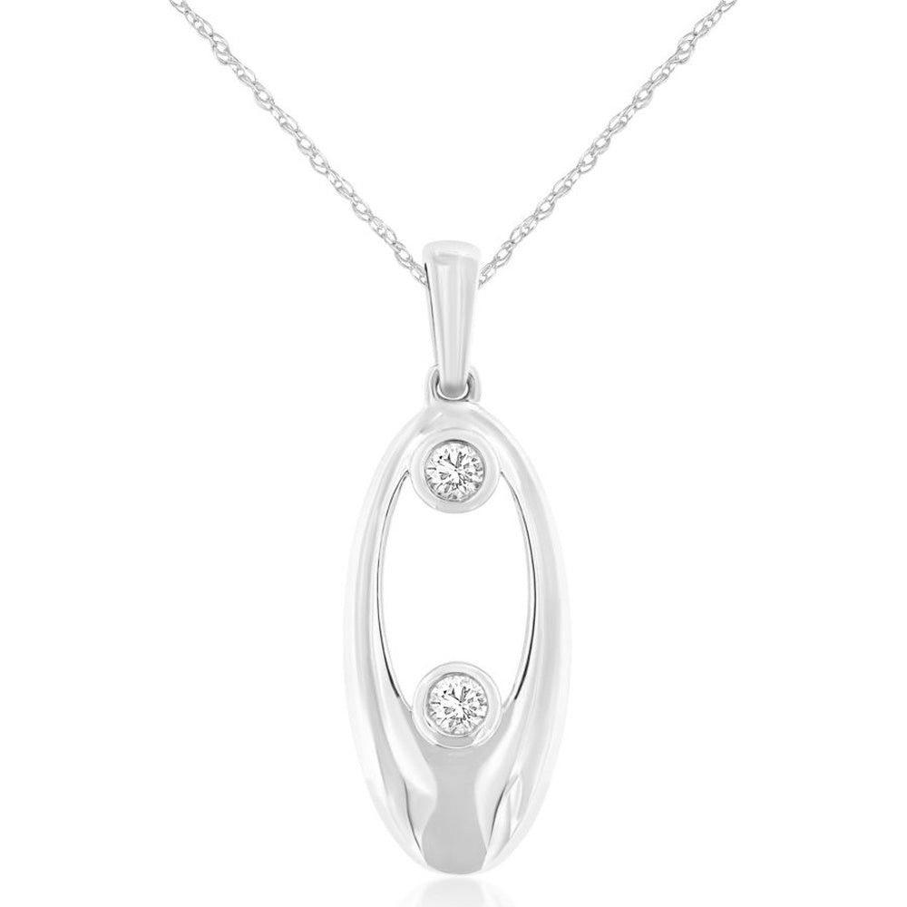 14K White Gold Open Oval Pendant with Flush-Set Round Brilliant Diamonds - 0.10 Carat Total Diamond Weight - Royal Jewelry
