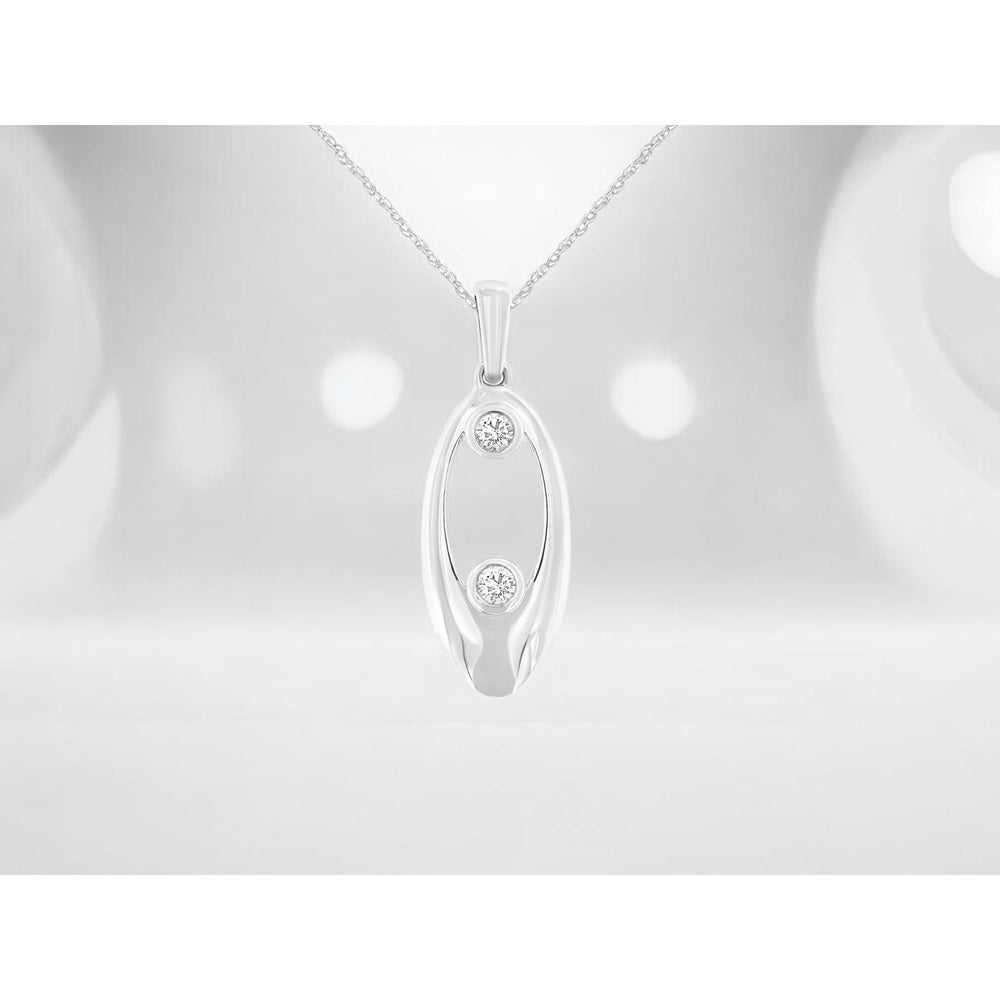 14K White Gold Open Oval Pendant with Flush-Set Round Brilliant Diamonds - 0.10 Carat Total Diamond Weight - Royal Jewelry