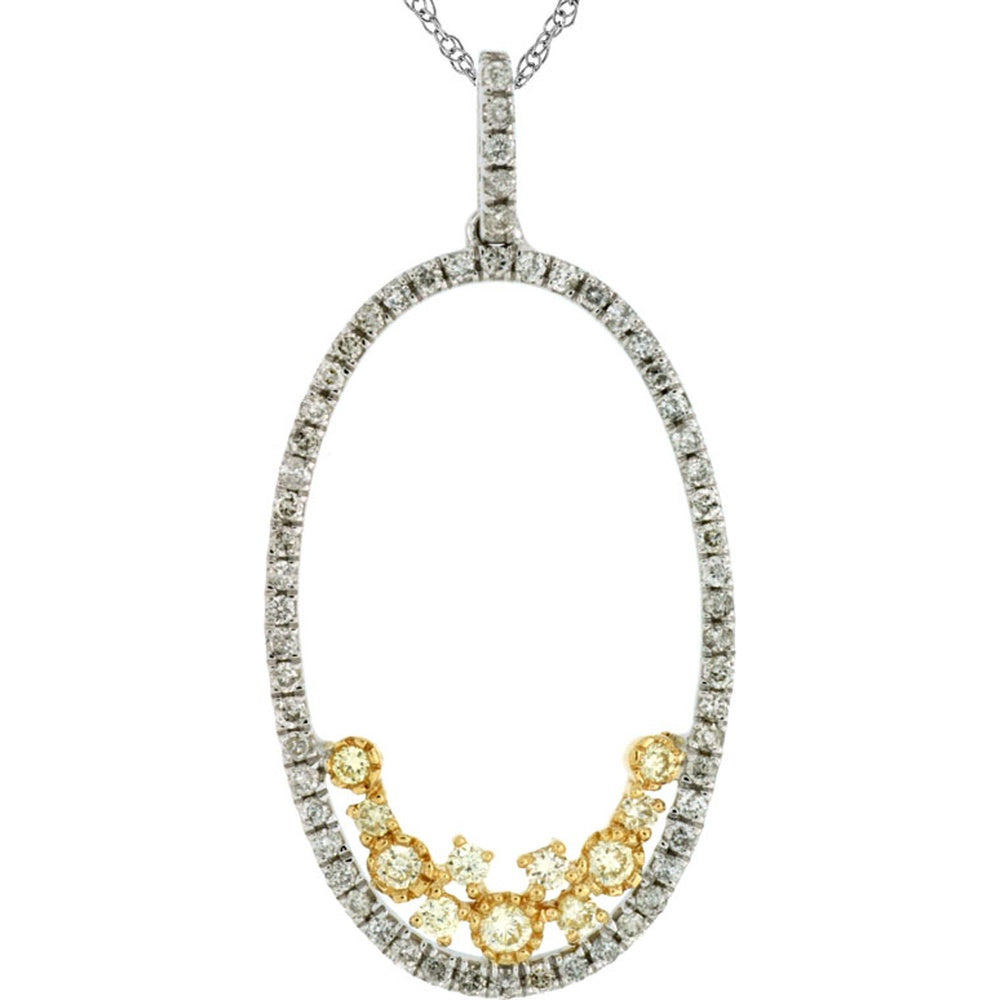 14K White Gold Open Oval Pendant with Pavé White Diamonds and Crescent Yellow Diamonds - 0.30 Carat White Diamond and 0.16 Carat Yellow Diamond Total Weight - Royal Jewelry