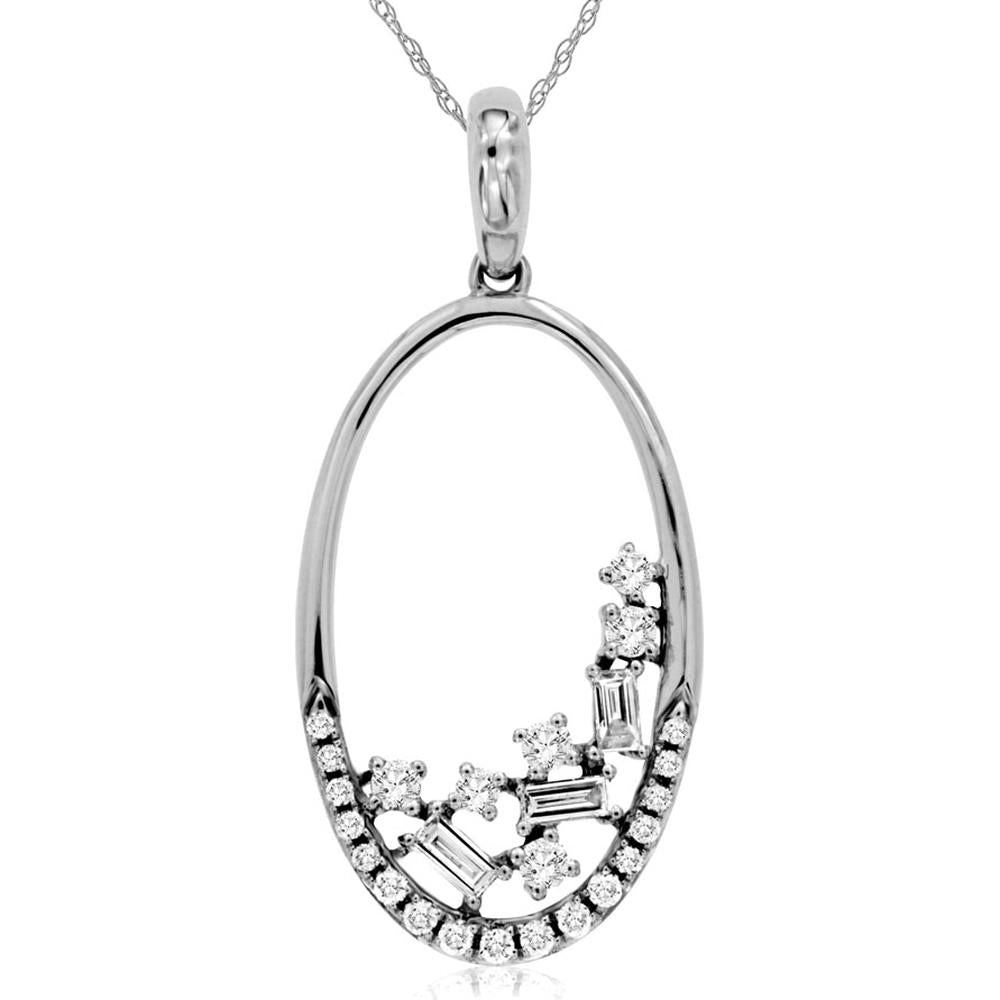 14K White Gold Open Oval Pendant with Round and Baguette Diamonds - 0.22 Carat Total Diamond Weight - Royal Jewelry