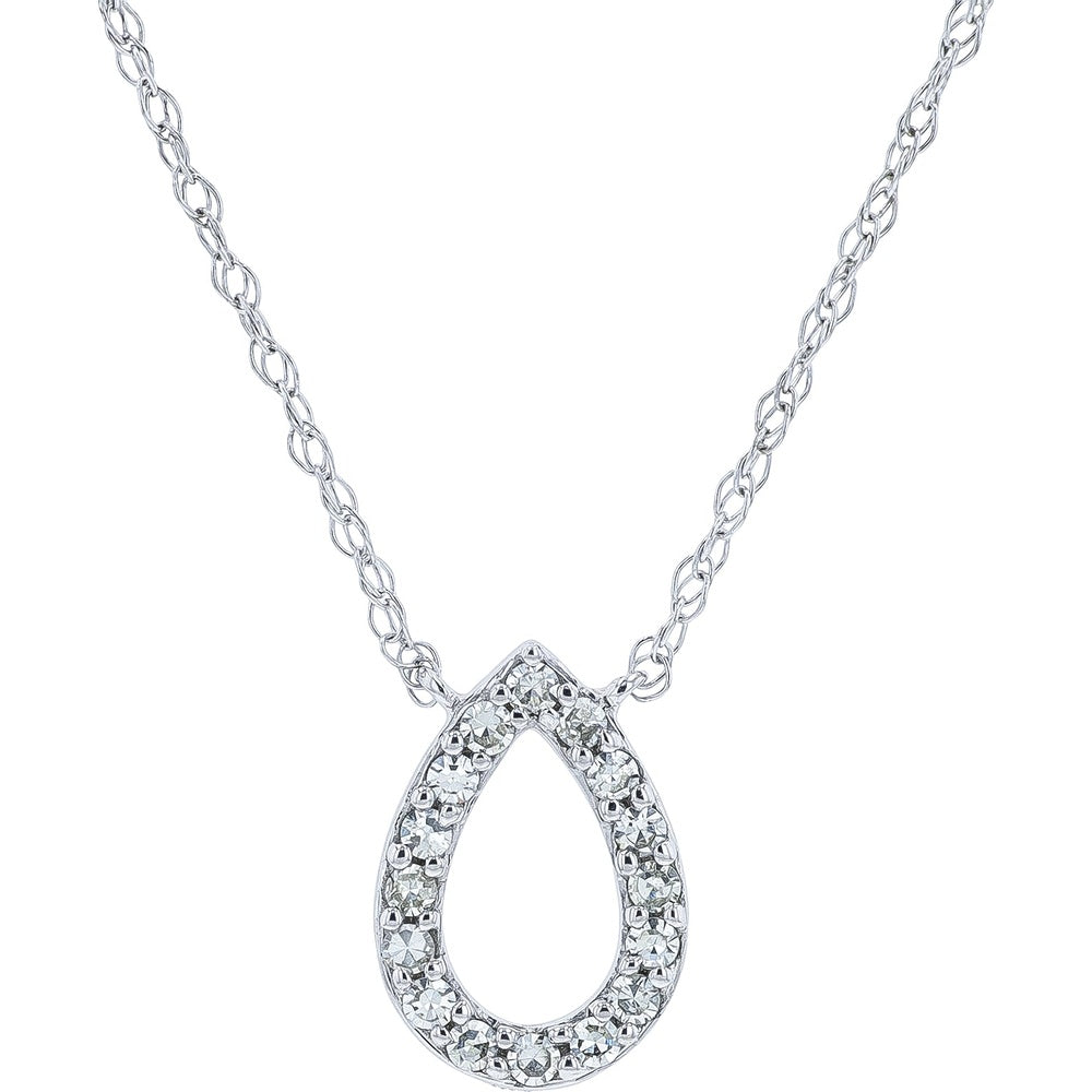 14K White Gold Open Pear-Shaped Diamond Pendant Necklace with Prong-Set Round Diamonds - 0.10 Carat Total Diamond Weight