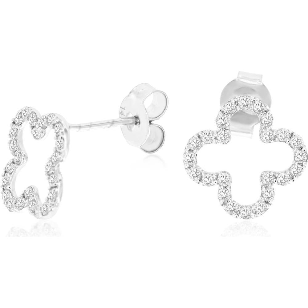14K White Gold Open Quatrefoil Motif Earrings with Pavé Set Round Diamonds - 1.00 Carat Total Diamond Weight - Royal Jewelry