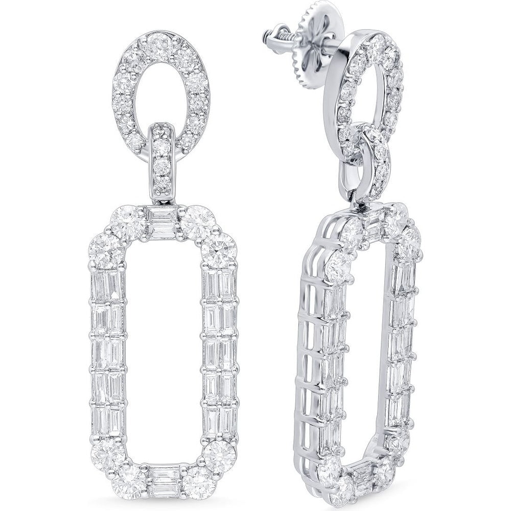 14K White Gold Open Rectangular Drop Earrings with Round and Baguette Diamonds - 3.36 Carat Total Diamond Weight by Auriventus