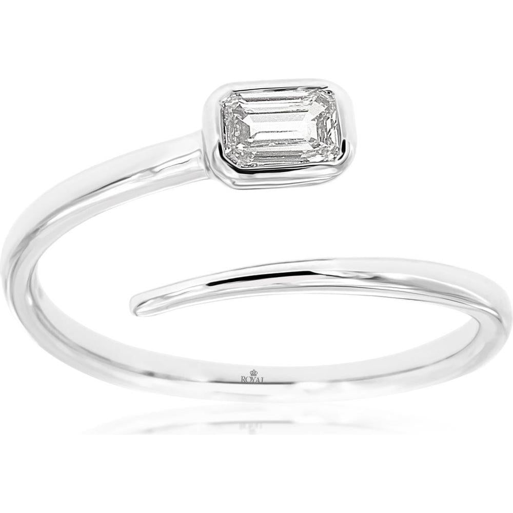 14K White Gold Open Shank Bezel Set Emerald Cut Diamond Ring - 0.26 Carat Total Diamond Weight - Royal Jewelry