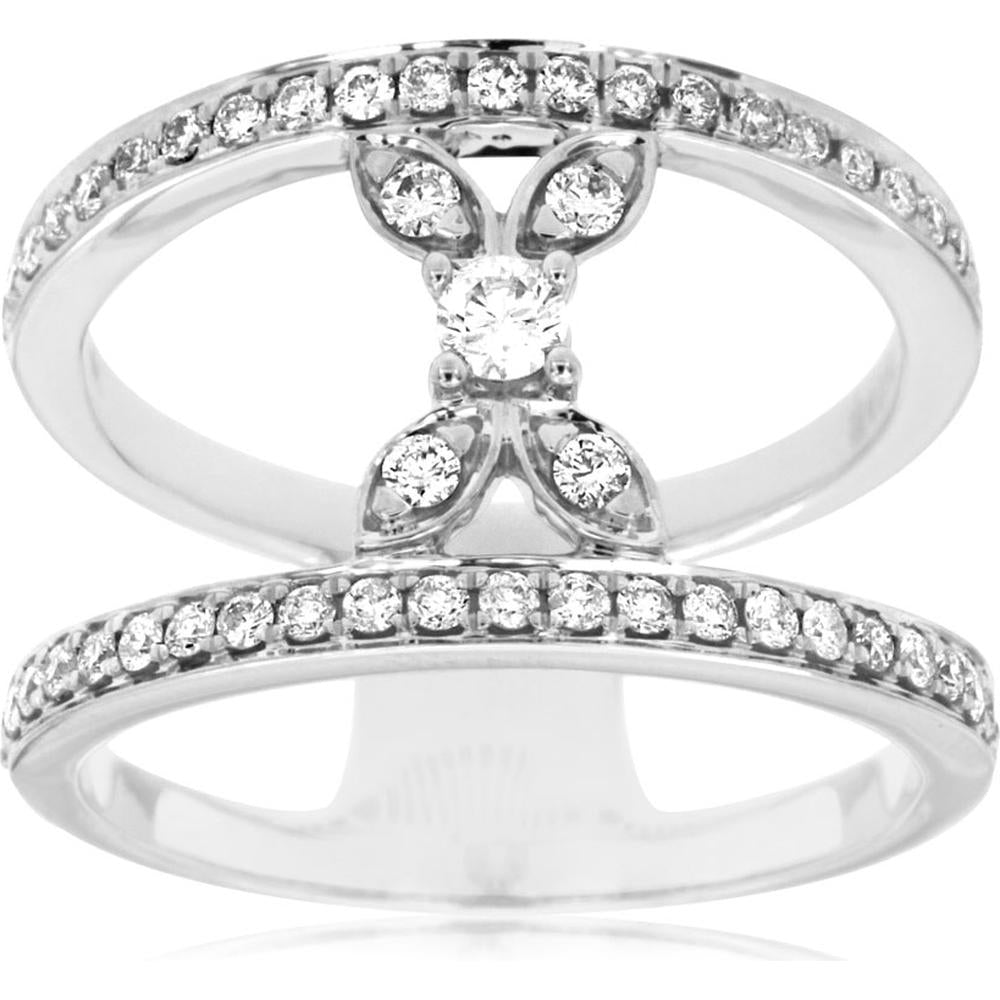 14K White Gold Open-Shank Diamond Ring with Pavé Bands and Center Round Brilliant Diamond – 0.55 Carat Total Diamond Weight - Royal Jewelry