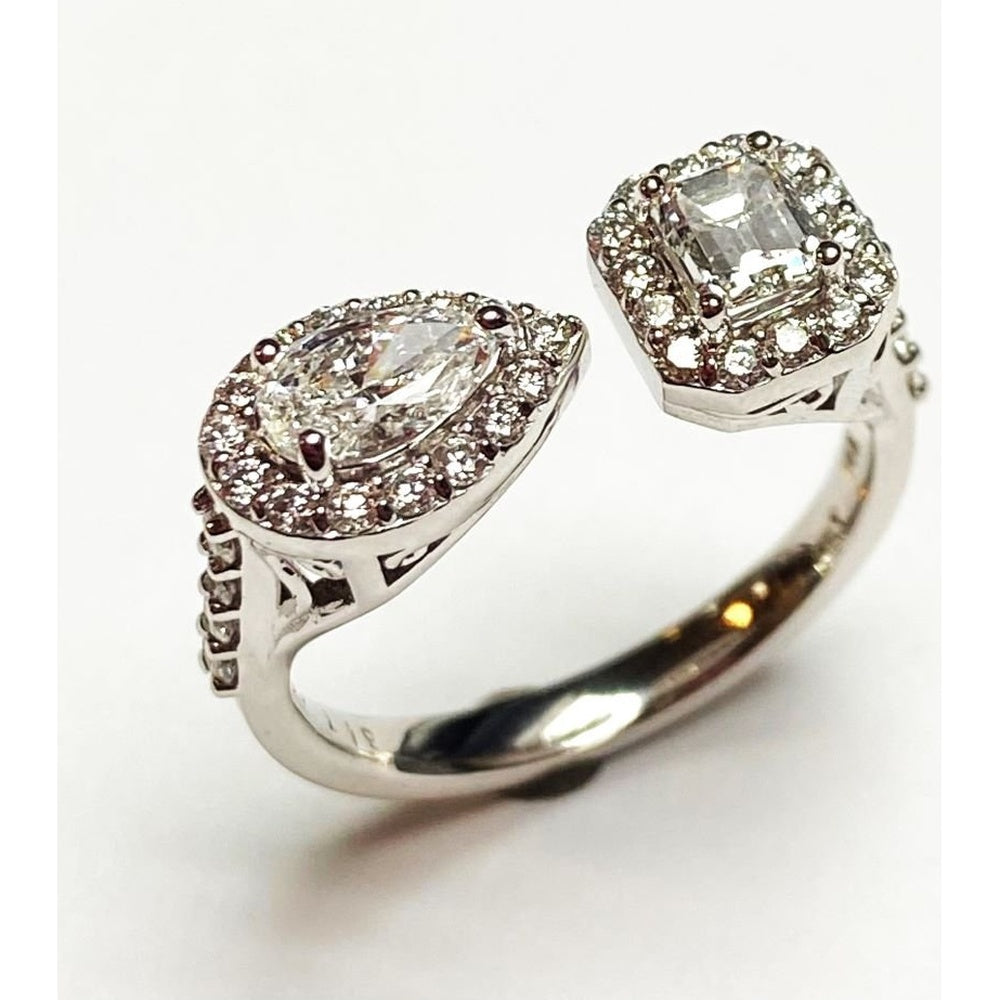 14K White Gold Open Shank Fashion Ring with Pear and Emerald Cut Halo Diamonds - 1.44 Carat Total Diamond Weight by Auriventus