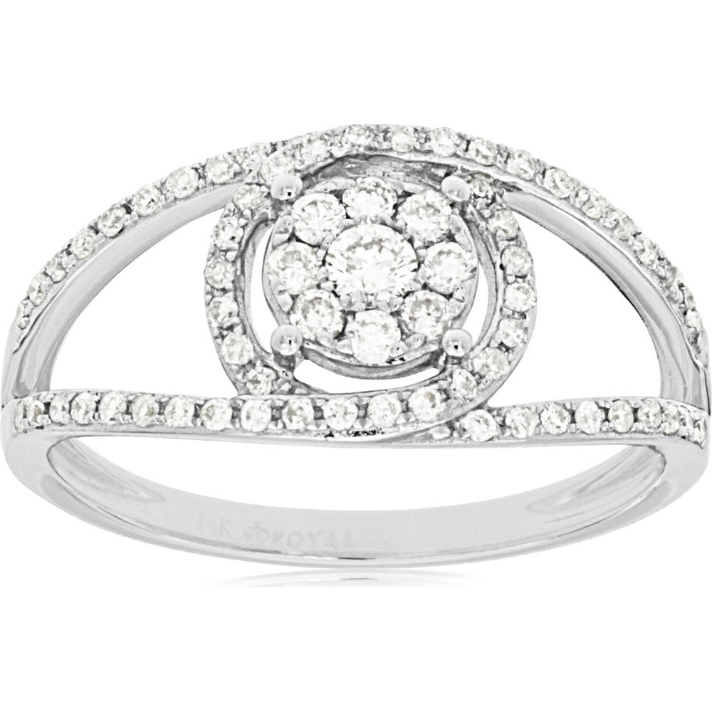 14K White Gold Open Shank Halo Ring with Round Diamond Cluster and Pavé Accents - 0.41 Carat Total Diamond Weight - Royal Jewelry