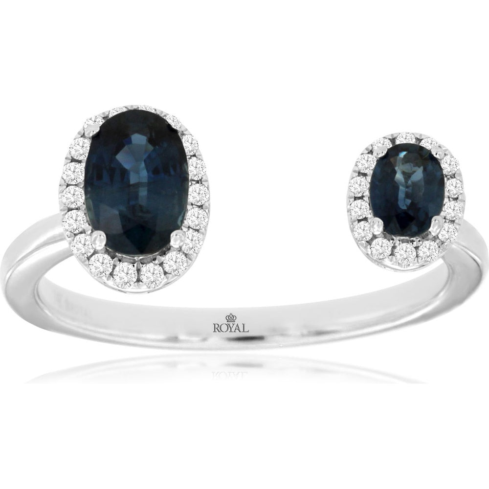 14K White Gold Open Shank Ring with Halo Set Oval Sapphires and Round Diamonds - 0.88 Carat Total Sapphire Weight and 0.11 Carat Total Diamond Weight - Royal Jewelry