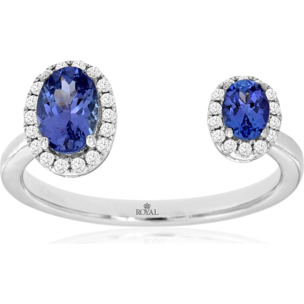 14K White Gold Open Shank Ring with Oval Tanzanite and Diamond Halo - 0.64 Carat Total Tanzanite Weight and 0.11 Carat Total Diamond Weight - Royal Jewelry