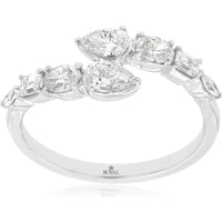 14K White Gold Open Shank Ring with Pear Cut, Round Brilliant, and Baguette Diamonds - 0.92 Carat Total Diamond Weight - Royal Jewelry